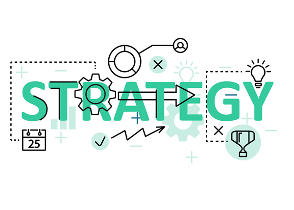Strategy concept flat line design with icons and elements. Modern strategy concept vectors collection. Strategy concept lettering